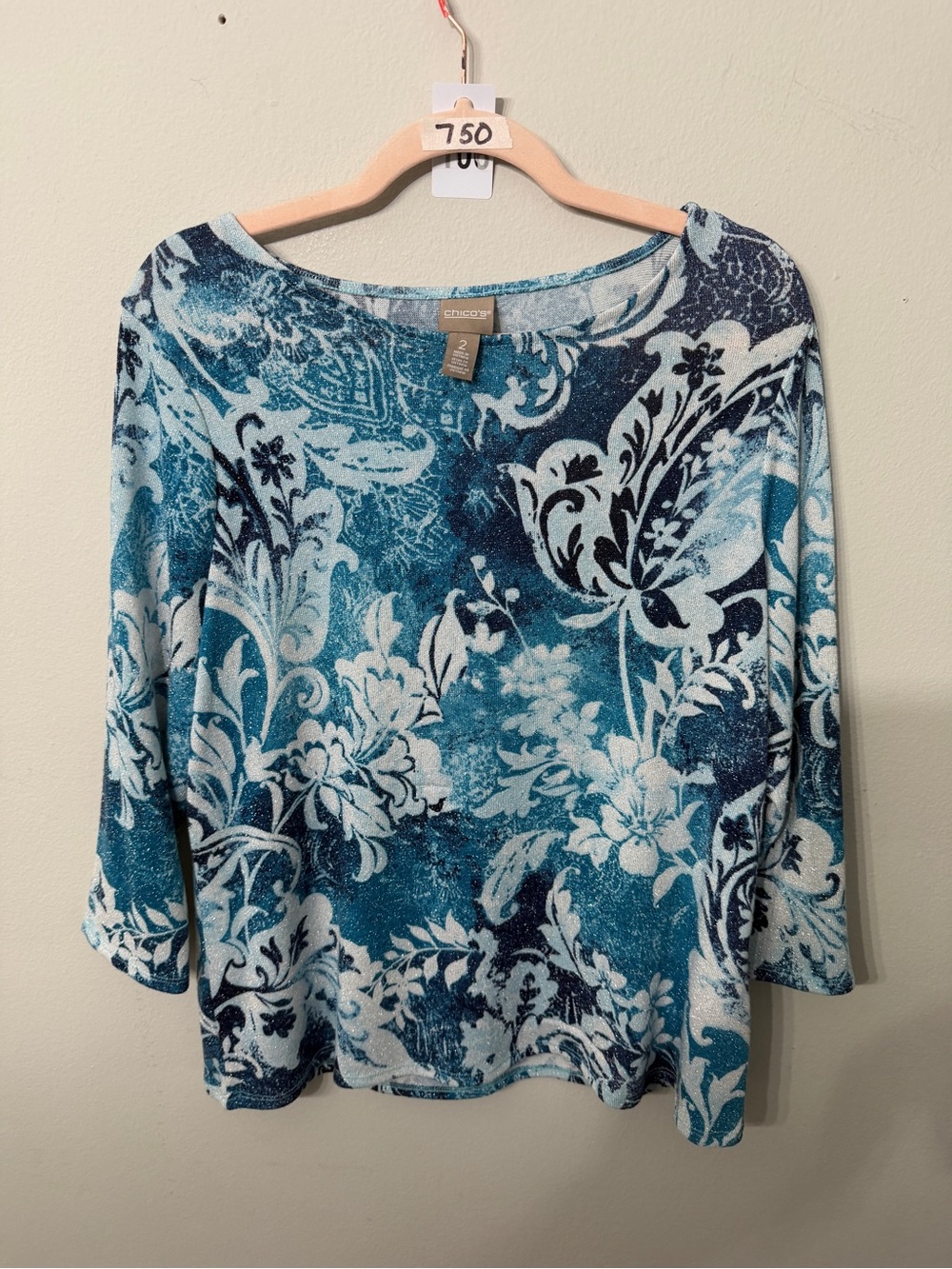Women’s Chico’s Size 2 Large Blue Floral Shimmer 3/4 Sleeve Top